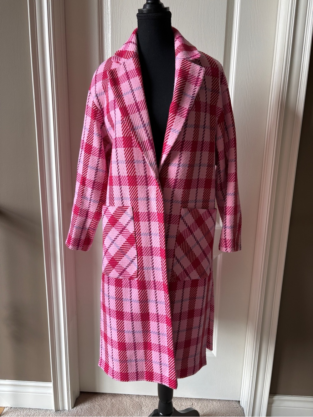 TopShop Long Coat, Pink Plaid